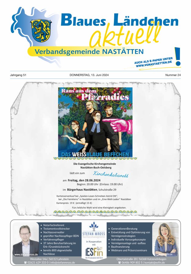 Blaues Ländchen aktuell - Heimat- u Bürgerzeitung VG Nastätten Titelblatt 24/2024
