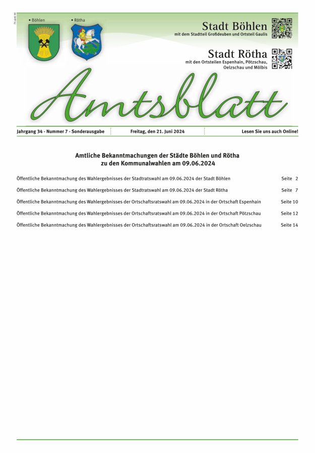 Amtsblatt der Stadt Böhlen Titelblatt 07/2024