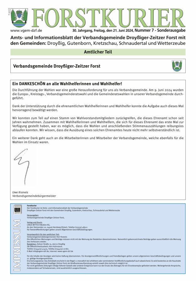 Forstkurier Amts- u. Informationsblatt VG Droyßiger-Zeitzer Forst Titelblatt 07/2024