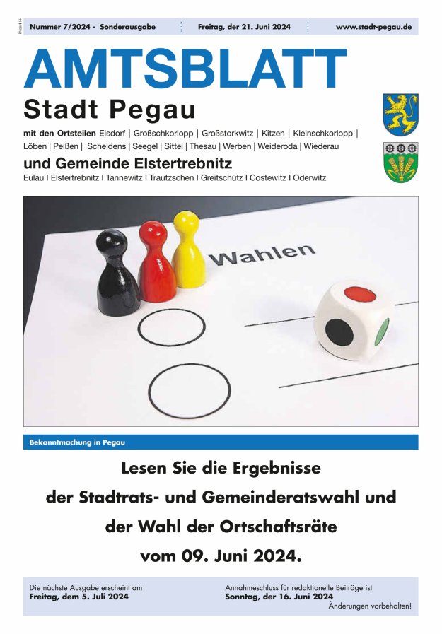 Amtsblatt Stadt Pegau und Gemeinde Elstertrebnitz  Titelblatt 07/2024