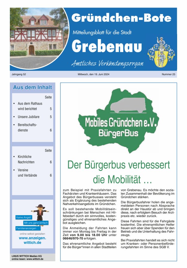 Grebenau - Gründchen Bote - Mitteilungsblatt für die Stadt Grebenau Titelblatt 25/2024