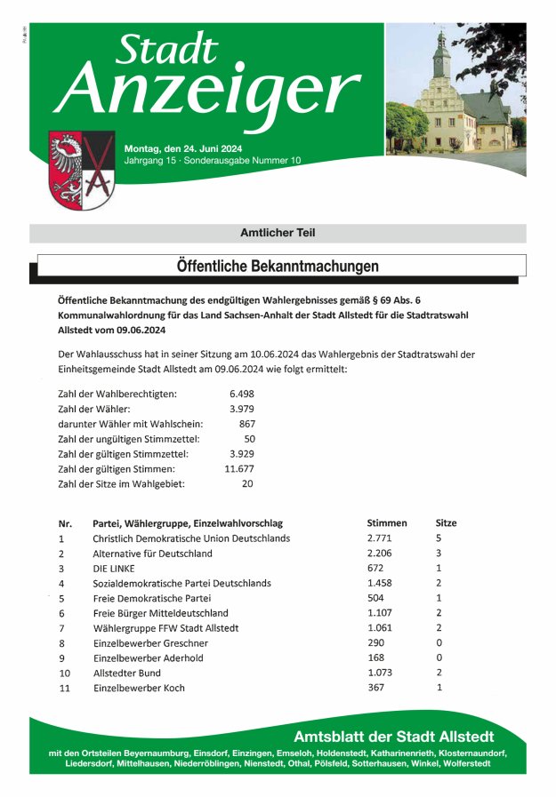 Stadtanzeiger Amtsblatt der Stadt Allstedt mit den Ortsteilen Titelblatt 10/2024
