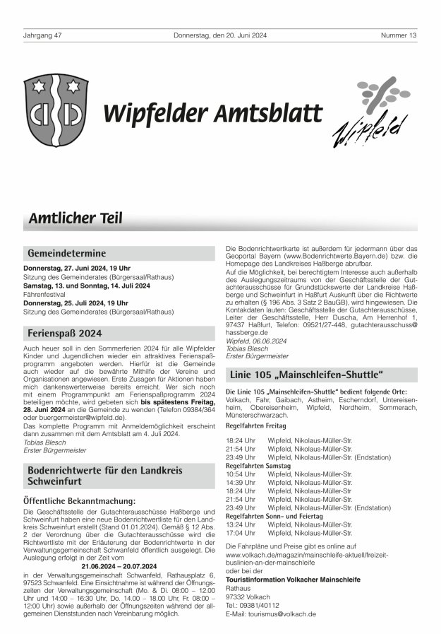 Wipfelder Amtsblatt Titelblatt 13/2024