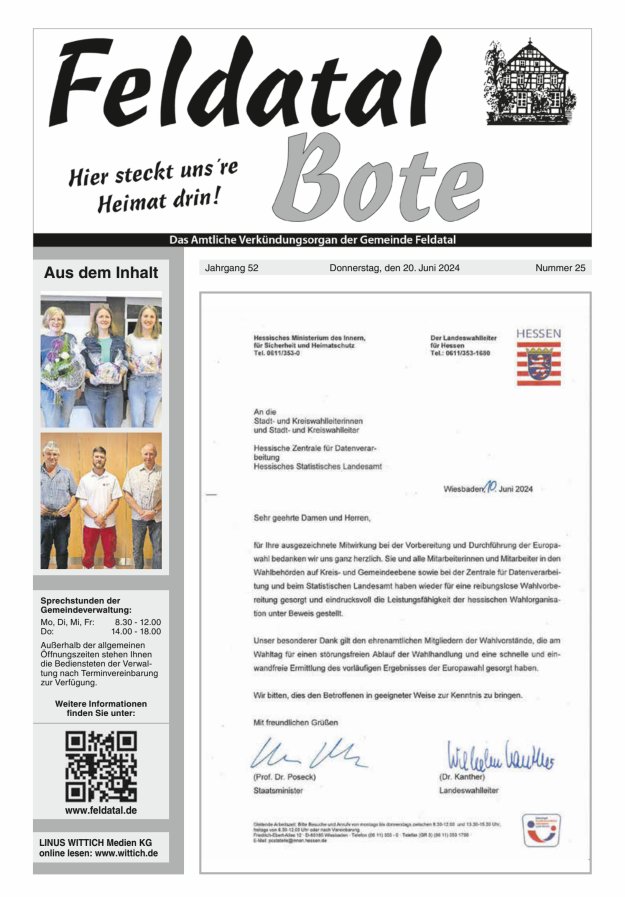 Das Amtliche Verkündungsorgan der Gemeinde Feldatal Titelblatt 25/2024