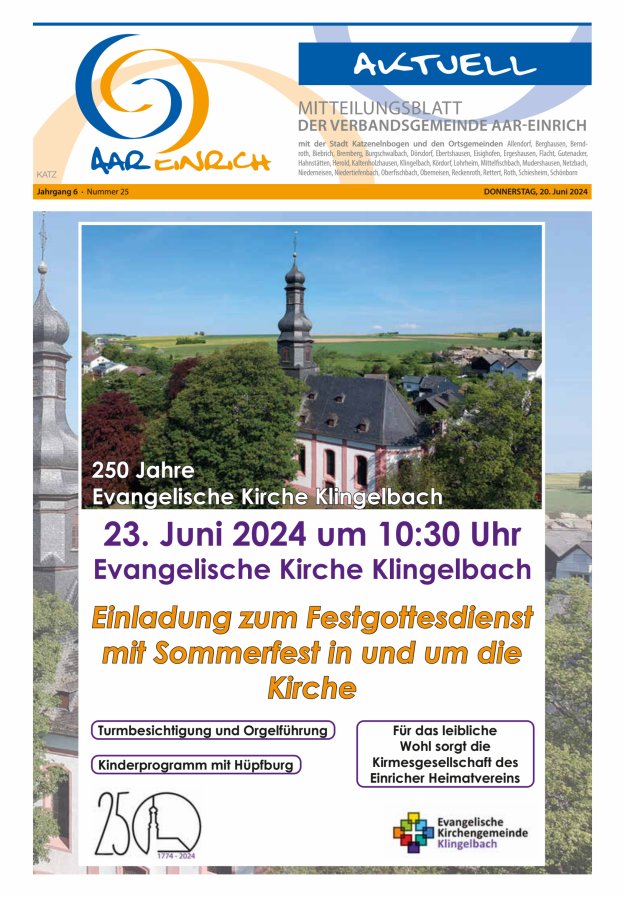 Mitteilungsblatt der Verbandsgemeinde Aar-Einrich Ausgabe Katzenelnbogen Titelblatt 25/2024