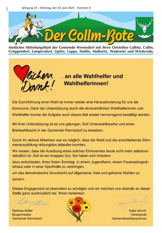 Collm-Bote – Amtliches Mitteilungsblatt der Gemeinde Wermsdorf mit ihren Ortsteilen Titelblatt 06/2024