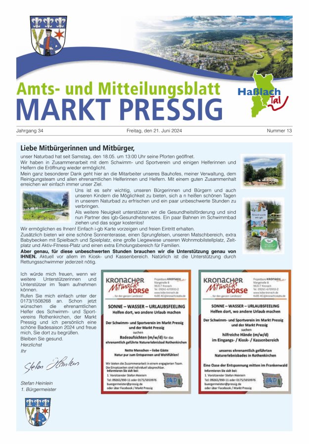 Amtsblatt für den Markt Pressig mit den Gemeindeteilen Titelblatt 13/2024
