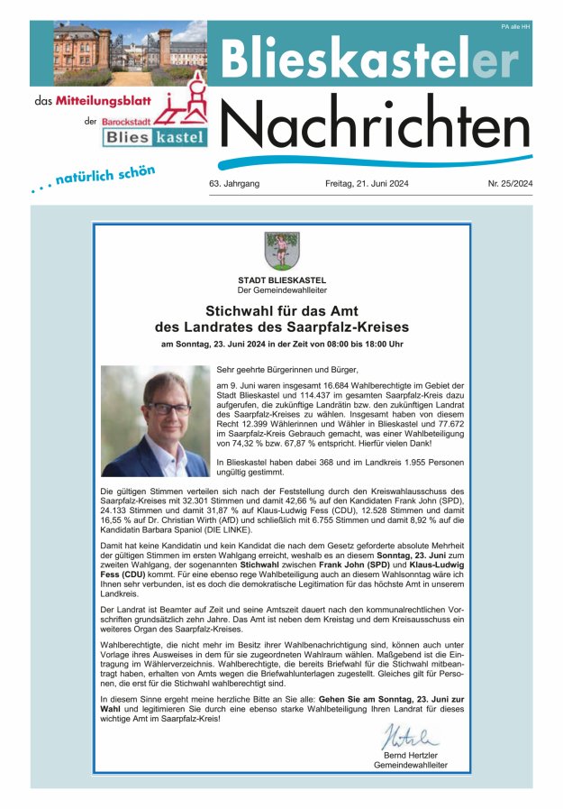 Blieskasteler Nachrichten  Titelblatt 25/2024