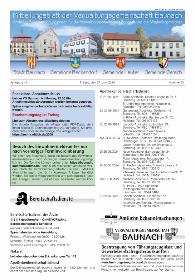 Mitteilungsblatt Verwaltungsgemeinschaft Baunach Titelblatt 25/2024