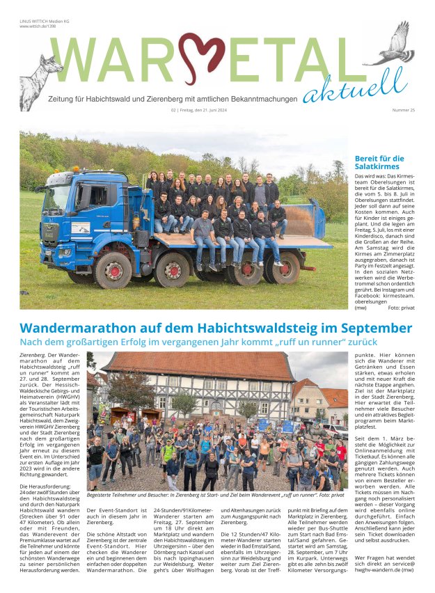 Warmetal aktuell (Habichtswald + Zierenberg) Titelblatt 25/2024