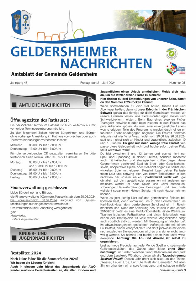 Geldersheimer Nachrichten Amtsblatt der Gemeinde Geldersheim Titelblatt 25/2024