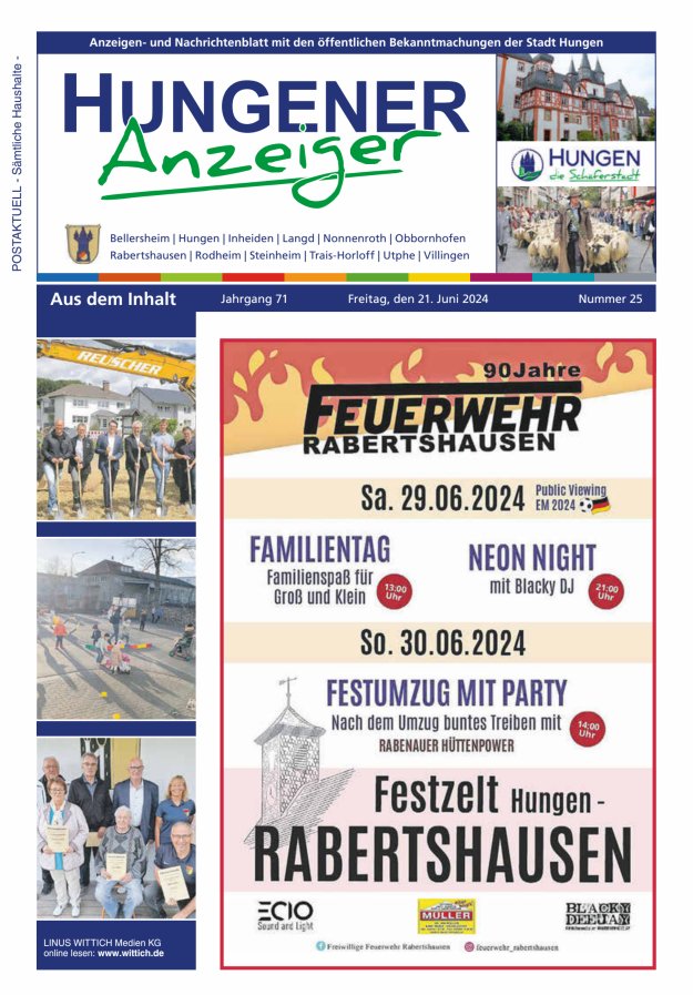 Anzeigen- und Nachrichtenblatt mit den öff  Bekanntmachungen der Stadt Hungen Titelblatt 25/2024