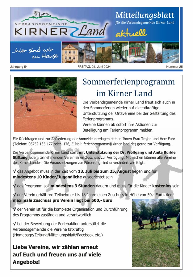 Mitteilungsblatt für den Bereich der Verbandsgemeinde Kirner Land Titelblatt 25/2024