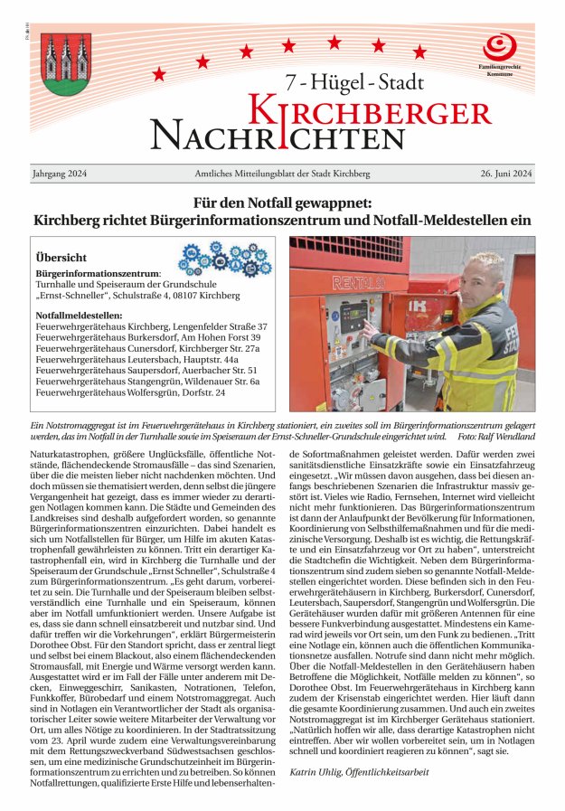 Kirchberger Nachrichten Titelblatt 06/2024