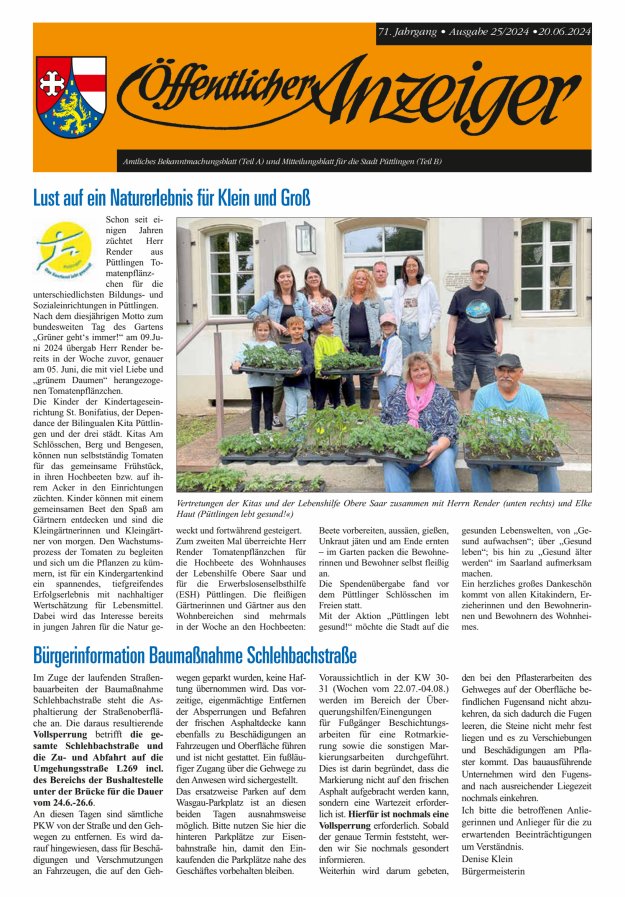 Öffentlicher Anzeiger - Stadt Püttlingen Titelblatt 25/2024