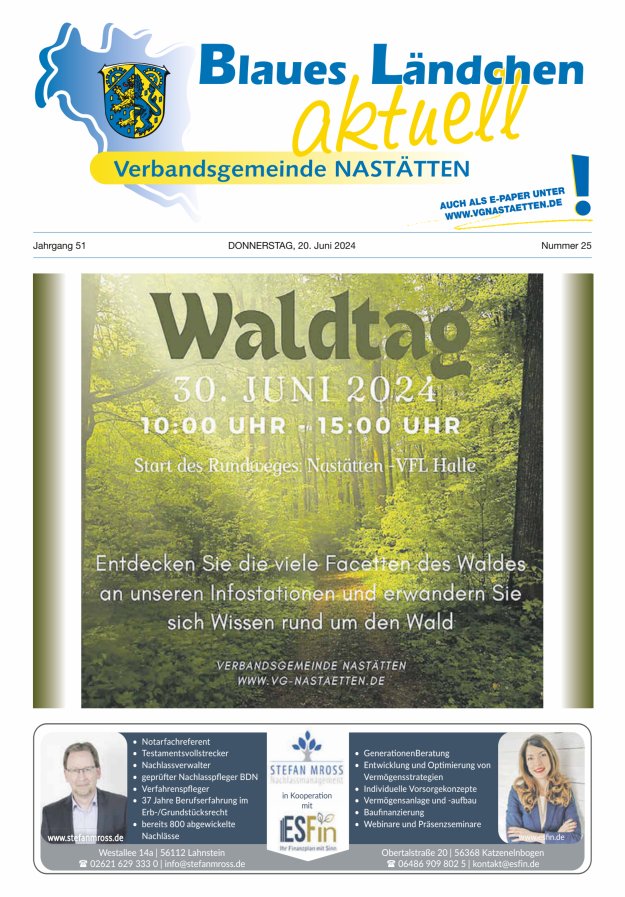 Blaues Ländchen aktuell - Heimat- u Bürgerzeitung VG Nastätten Titelblatt 25/2024