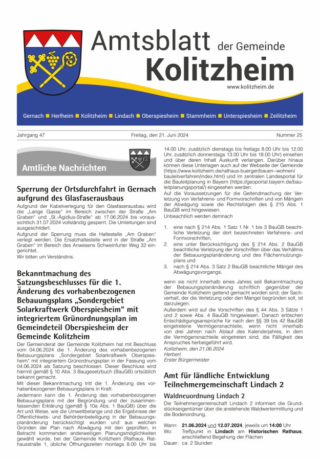 Amtsblatt der Gemeinde Kolitzheim Titelblatt 25/2024