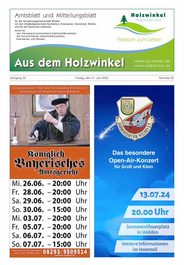 Aus dem Holzwinkel Amtsblatt u Mitteilungsblatt f VG Welden u GemAdelsried Titelblatt 25/2024
