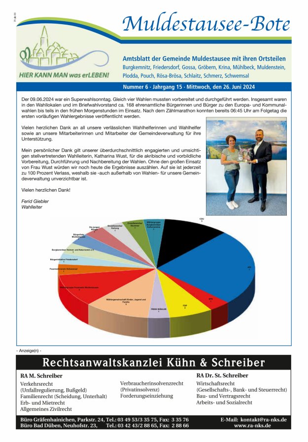 Muldestausee-Bote – Amtsblatt der Gemeinde Muldestausee mit ihren Ortsteilen Titelblatt 06/2024