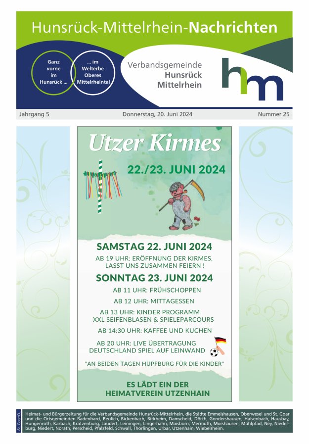 Hunsrück-Mittelrhein Nachrichten Ausgabe St Goar Oberwesel Titelblatt 25/2024