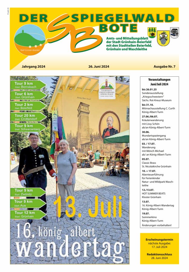 Der Spiegelwaldbote - Amts- und Mitteilungsblatt der Gemeinde Grünhain-Beierfeld  Titelblatt 07/2024
