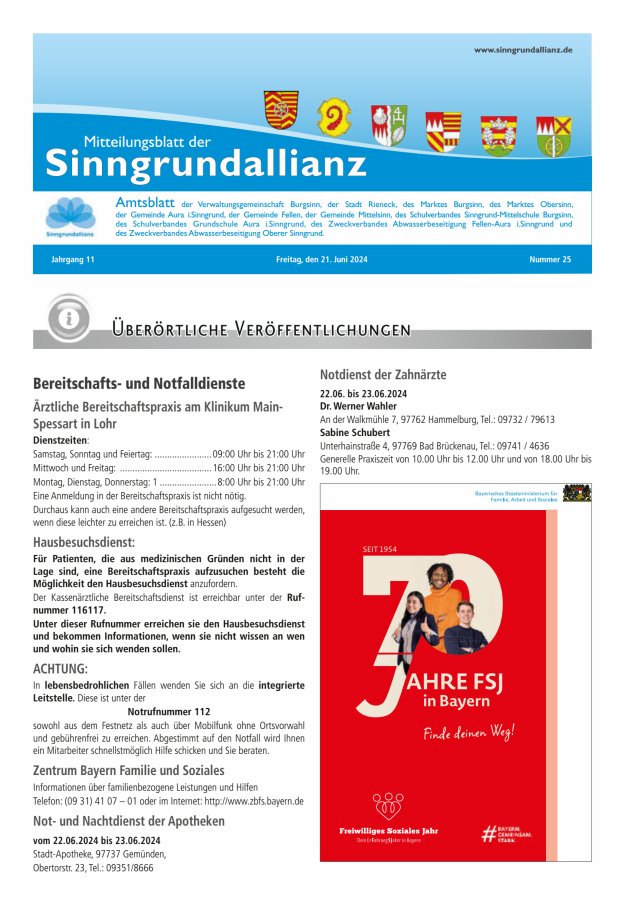 Mitteilungsblatt der Sinngrundallianz Titelblatt 25/2024