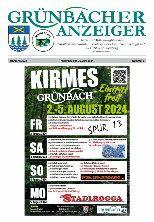 Grünbacher Anzeiger - Amts- und Mitteilungsblatt Titelblatt 06/2024