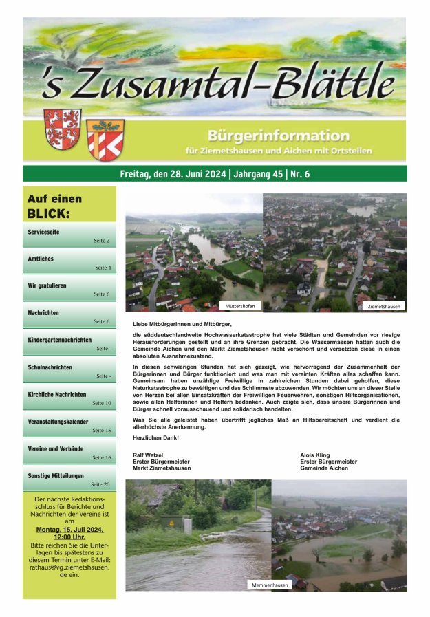 's Zusamtal-Blättle Bürgerinformationen für Ziemetshausen und Aichen mit OTen Titelblatt 06/2024