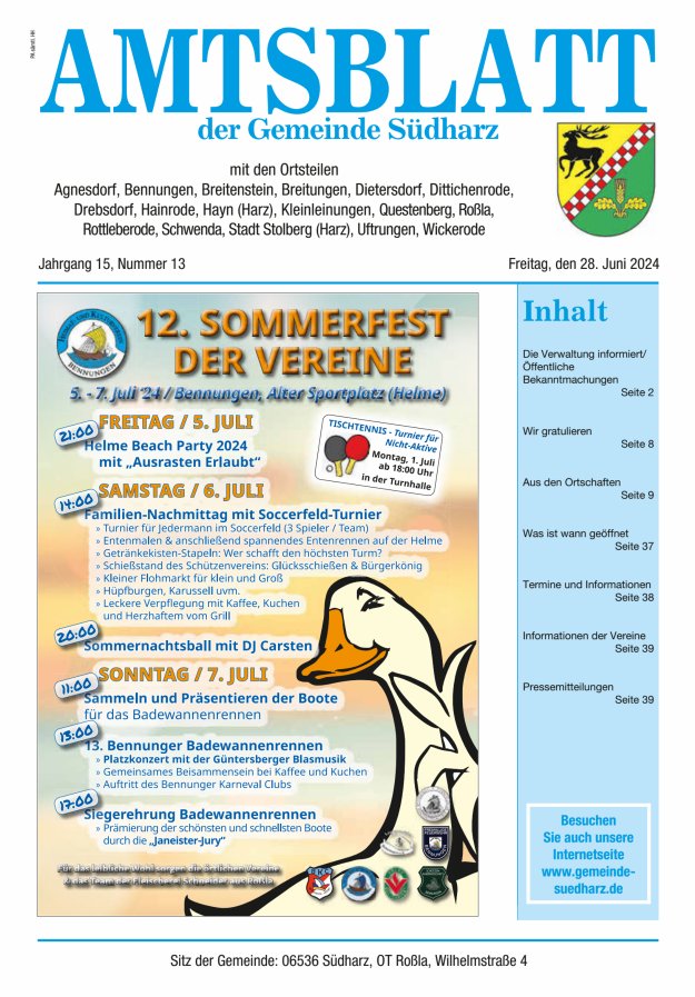 Amtsblatt der Gemeinde Südharz Titelblatt 13/2024
