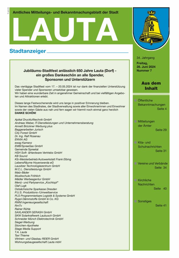 Amtliches Mitteilungs- und Bekanntmachungsblatt der Stadt Lauta - Stadtanzeiger Titelblatt 07/2024