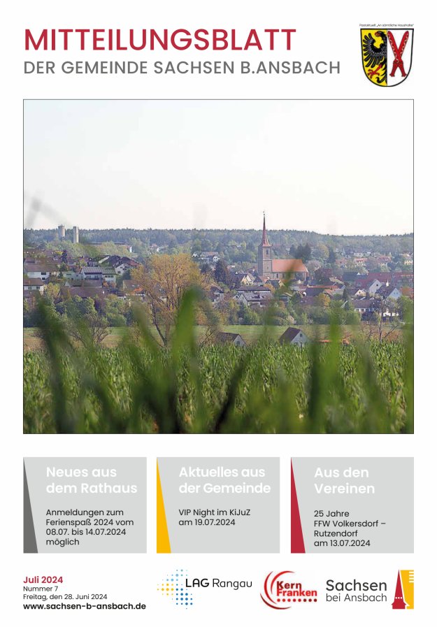 Amts- und Mitteilungsblatt der Gemeinde Sachsen b.Ansbach Titelblatt 07/2024