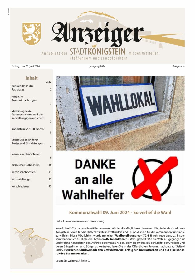 Amtsblatt der Stadt Königstein Titelblatt 06/2024