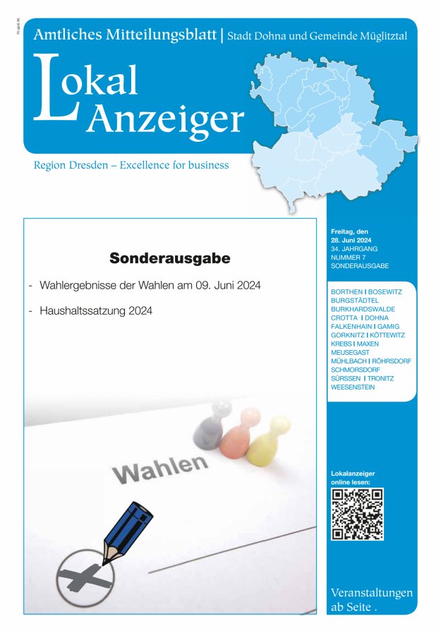 Lokal-Anzeiger – Amtliches Mitteilungsblatt Stadt Dohna und Gemeinde Müglitztal Titelblatt 07/2024