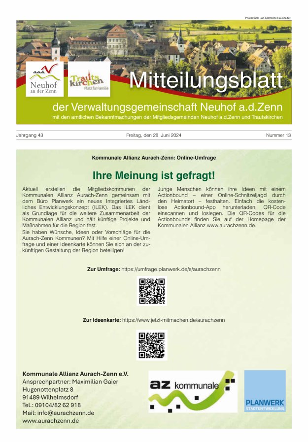 Mitteilungsblatt der Verwaltungsgemeinschaft Neuhof an der Zenn mit den amtlichen Bekanntmachungen der Mitgliedsgemeinden Neuhof an der Zenn und Trautskirchen Titelblatt 13/2024