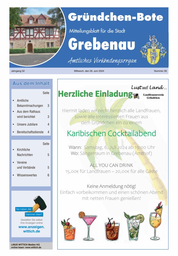 Grebenau - Gründchen Bote - Mitteilungsblatt für die Stadt Grebenau Titelblatt 26/2024