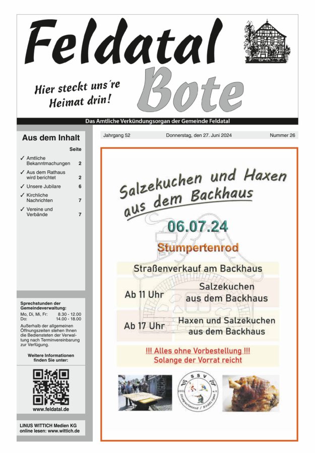 Das Amtliche Verkündungsorgan der Gemeinde Feldatal Titelblatt 26/2024