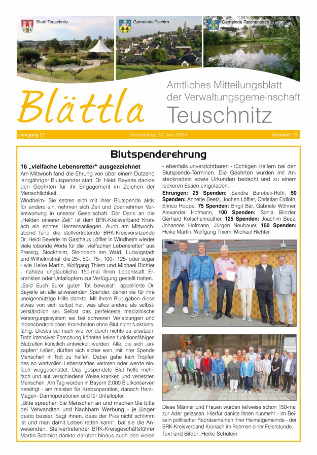VG-Nachrichten Teuschnitz Titelblatt 13/2024