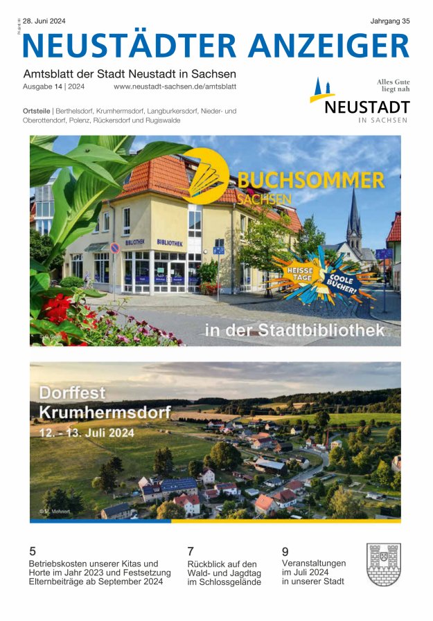 Neustädter Anzeiger - Amts- und Heimatblatt der Stadt Neustadt in Sachsen Titelblatt 14/2024