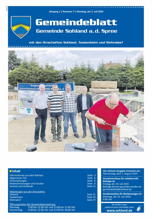 Amtsblatt der Gemeinde Sohland a. d. Spree mit den Ortschaften Sohland, Taubenheim und Wehrsdorf Titelblatt 07/2024