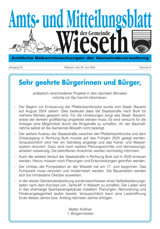 Amts- und Mitteilungsblatt der Gemeinde Wieseth Titelblatt 06/2024