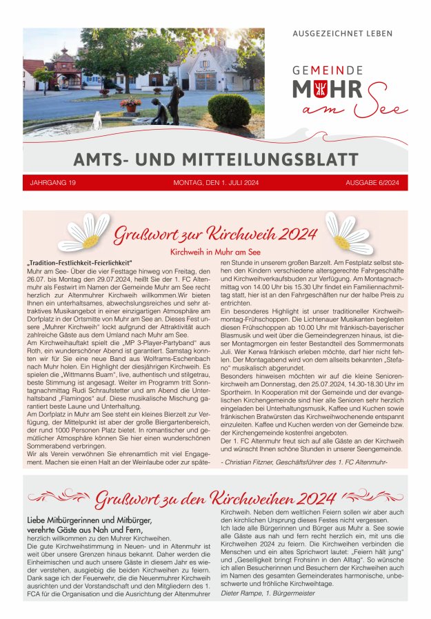 Muhrer Heimatbrief Amts- u Mitteilungsblatt der Gemeinde Muhr a See Titelblatt 06/2024