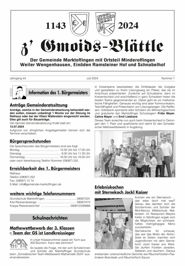 z'Gmoids-Blättle der Gemeinde Marktoffingen mit Ortsteilen Titelblatt 07/2024