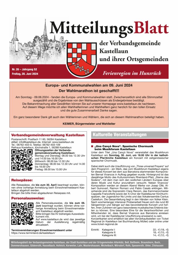 Mitteilungsblatt Kastellaun Titelblatt 26/2024