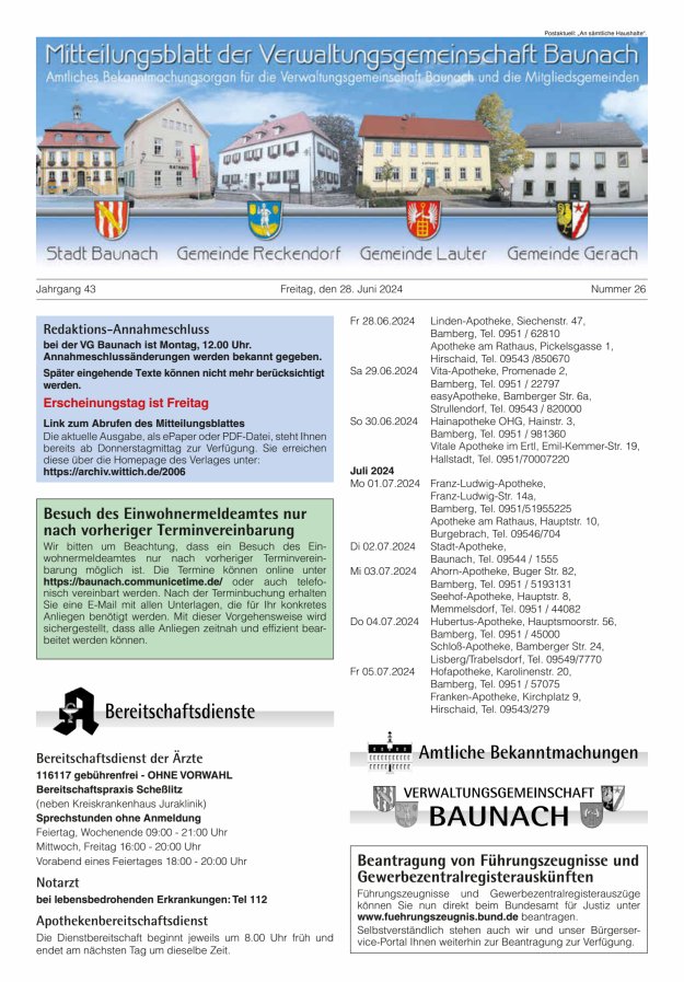 Mitteilungsblatt Verwaltungsgemeinschaft Baunach Titelblatt 26/2024