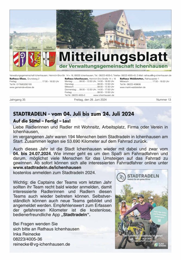 Mitteilungsblatt der Verwaltungsgemeinschaft Ichenhausen Titelblatt 13/2024