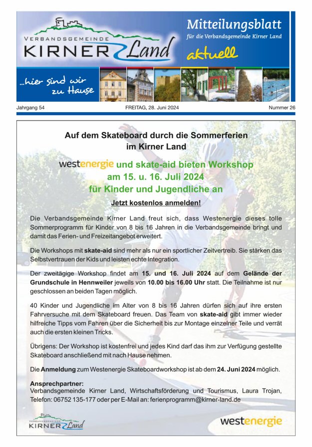 Mitteilungsblatt für den Bereich der Verbandsgemeinde Kirner Land Titelblatt 26/2024