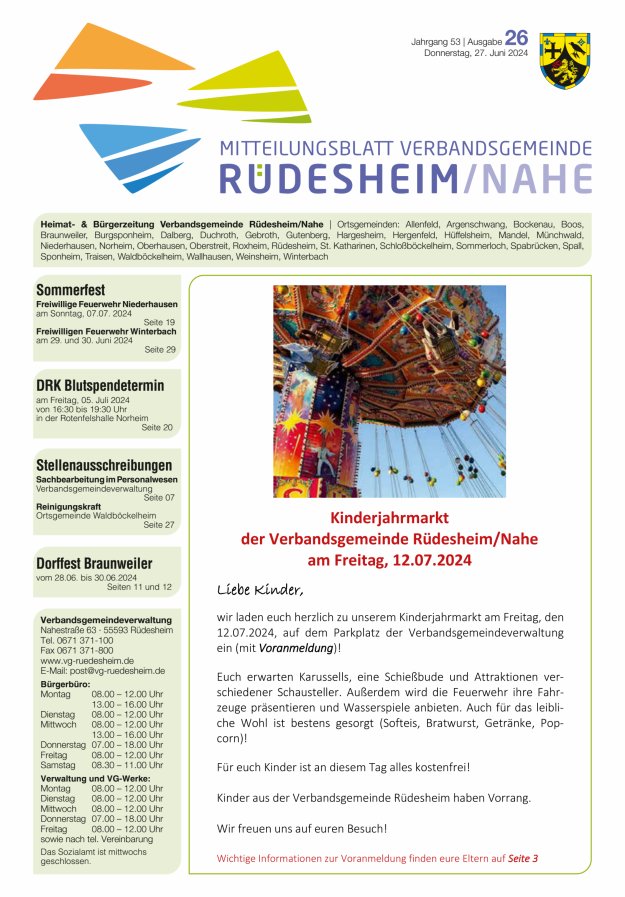 Mitteilungsblatt Verbandsgemeinde Rüdesheim und zugehörige Ortsgemeinden Titelblatt 26/2024