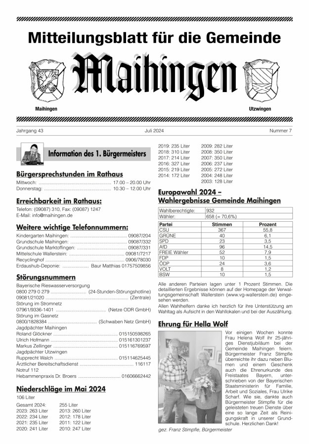 Mitteilungsblatt für die Gemeinde Maihingen Titelblatt 07/2024