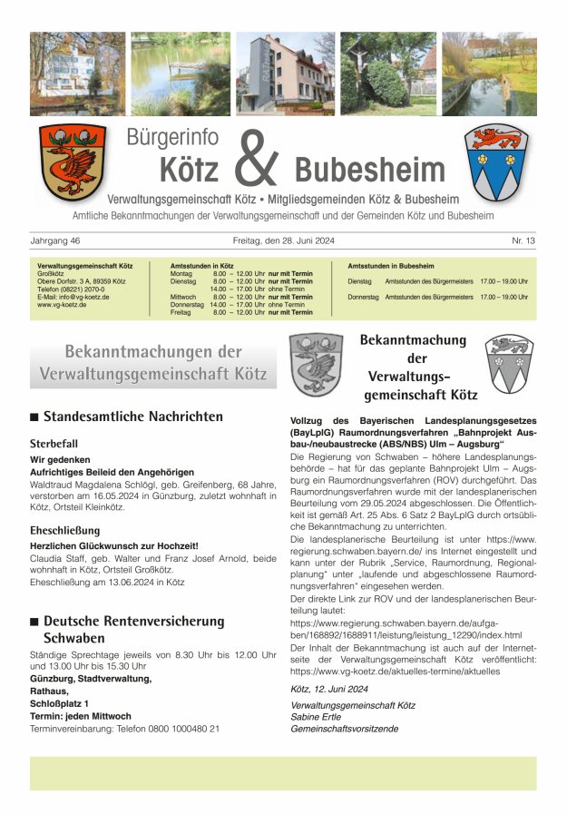 Amtsblatt der VG Kötz und der Mitgliedsgemeinden Titelblatt 13/2024