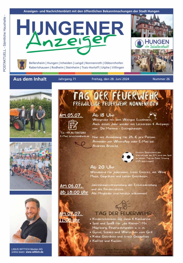 Anzeigen- und Nachrichtenblatt mit den öff  Bekanntmachungen der Stadt Hungen Titelblatt 26/2024